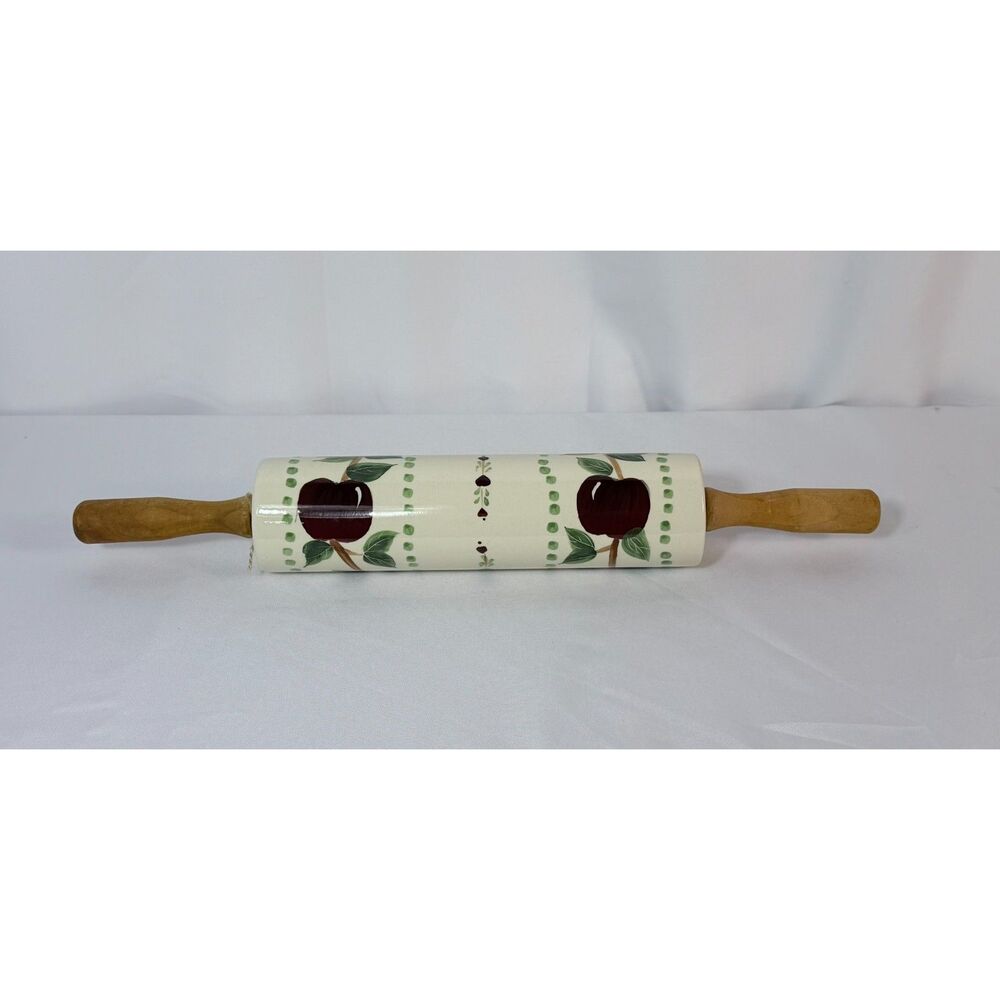 VTG Stoneware Cherry Red Rolling Pin Wood Handles Country Kitchen Orchard